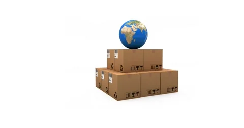Animation of globe on stack of cardboard boxes moving on white background Stock Footage 329286579