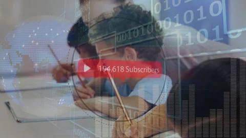 Animation of globe, subscribers box, binary code, graphs over multiracial Stock Footage 329564046
