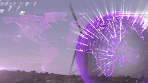 Animation of globe with world map and data processing over wind turbine Stock Footage 330255266