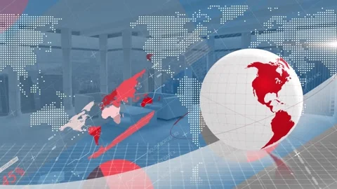 Animation of globe with world map and data processing over empty office Stock Footage 330287753