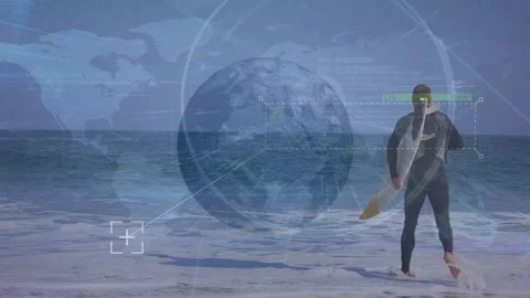 Animation of globe, world map, data processing against caucasian surfer running Stock Footage 327644147