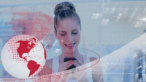 Animation of globes and computer language over happy caucasian woman using Stock Footage 329693923