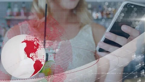 Animation of globes and computer language over midsection of caucasian woman Stock Footage 330338992