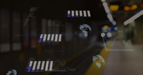 Animation of globes and data processing over train at platform Stock Footage 330058633