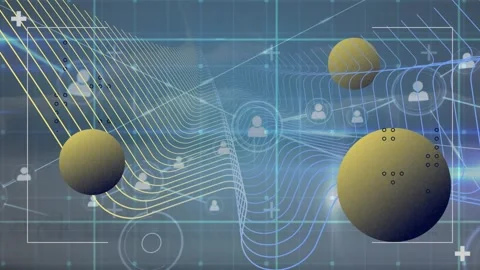 Animation of globes and wave pattern in viewfinder and profile icons Video stock 330478599