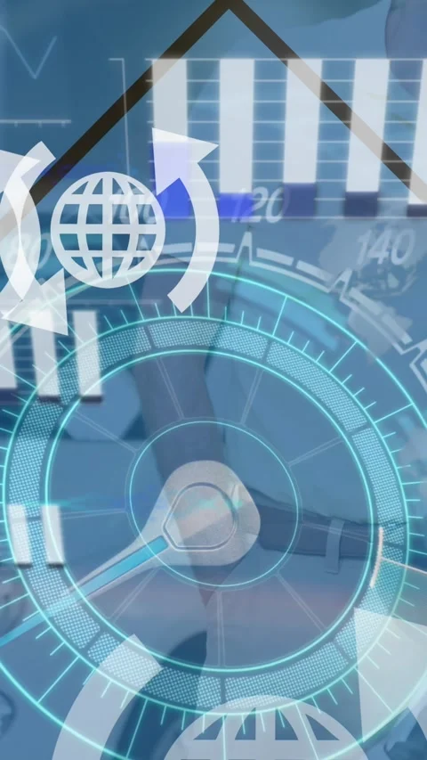Animation of globes, arrows, data processing and speedometer over car Stock Footage 344746173