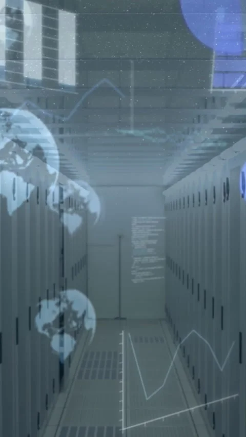 Animation of globes, charts and information moving over computer servers in Stock Footage 331718103