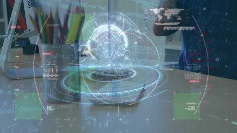 Animation of globes, circles, map and programming language over tired caucasian Stock Footage 221007424