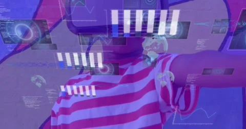 Animation of globes, computer language over boy pointing finger while using vr Stock Footage 330658327