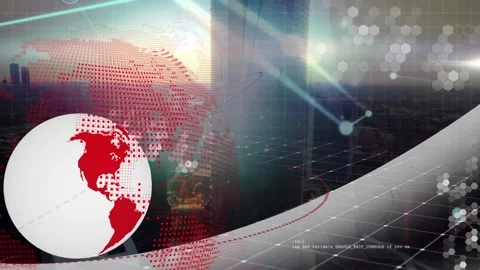 Animation of globes, connected dots and computer language, aerial view of modern Video stock 247616382