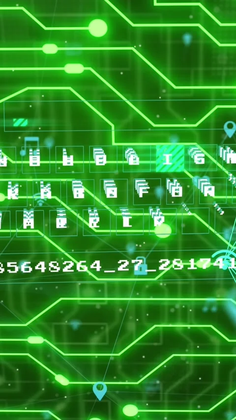 Animation of globes of digital icons, data processing and green glowing 库存影片 344765836