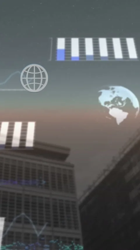 Animation of globes, graphs and computer language against low angle view of Stock Footage 321172101