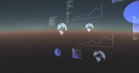 Animation of globes, graphs and computer language over abstract background Stock Footage 329569104