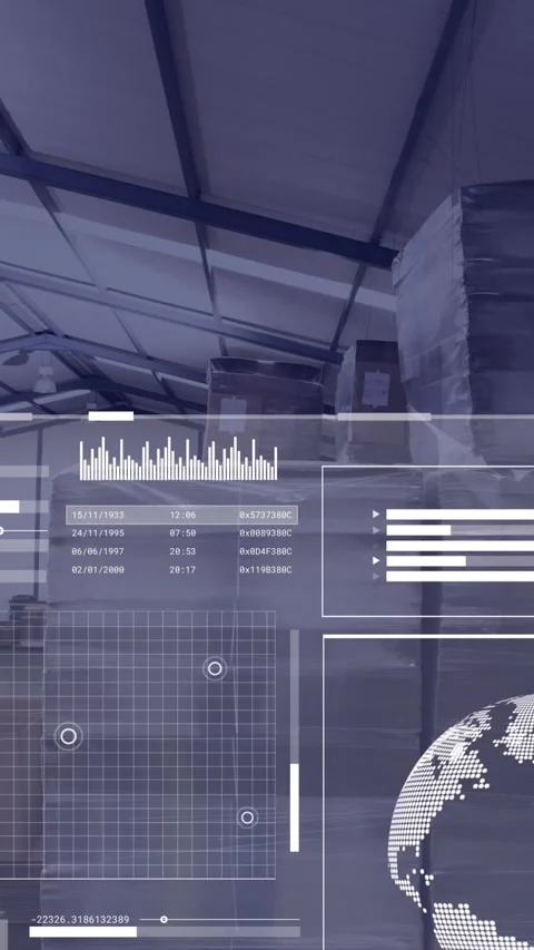 Animation of globes, graphs, loading circles and bars over warehouse Stock Footage 344706491