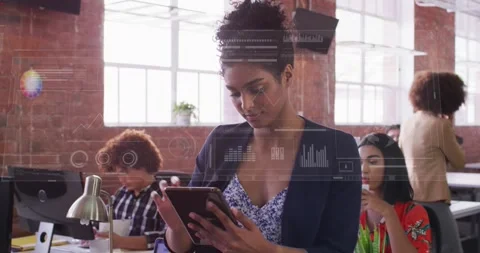 Animation of globes, loading circles, bars, woman scrolling on digital tablet in Stock Footage 330344694