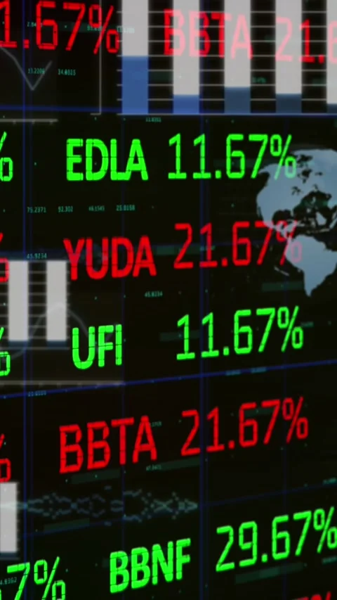 Animation of globes, multiple graphs and database over trading board against Stock Footage 341976554
