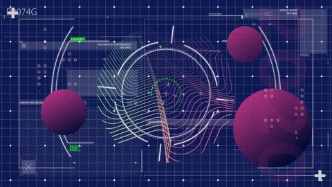 Animation of globes over wave pattern in circles against grid pattern on Video stock 244785717
