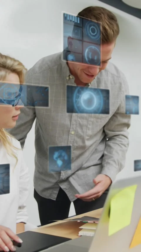 Animation of globes, radars, computer language, caucasian coworkers discussing Stock Footage 344783431