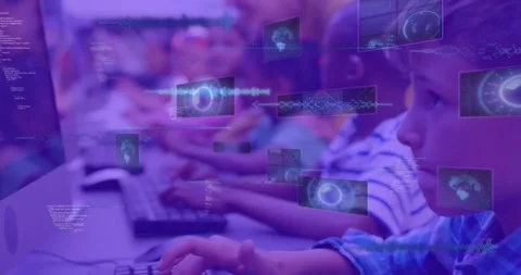 Animation of globes, soundwaves, radars and computer language over diverse Stock Footage 255357671