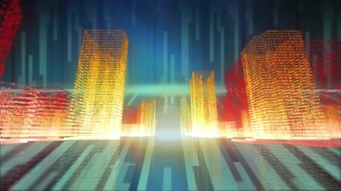 Animation of glowing 3d cityscape over light trails Stock Footage 326631221