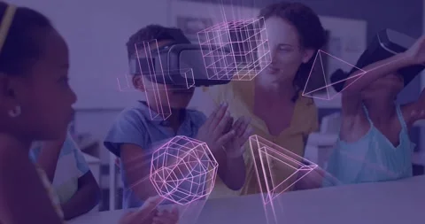 Animation of glowing 3d shapes and african american boy in vr headset Stock Footage 328233015