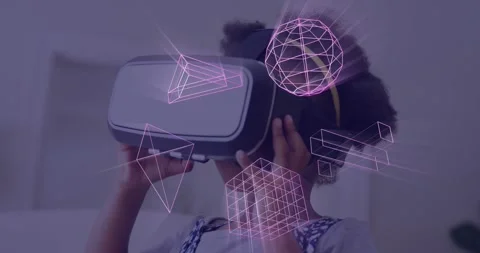Animation of glowing 3d shapes of data transfer over african american girl in vr Stock Footage 328091273