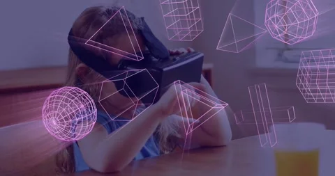 Animation of glowing 3d shapes of data transfer over caucasian girl in vr Stock Footage 328091279