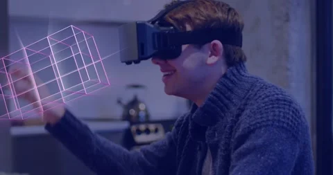 Animation of glowing 3d shapes of data transfer over caucasian man in vr headset Stock Footage 328500768