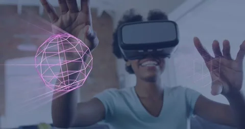 Animation of glowing 3d shapes of data transfer over african american woman in Stock Footage 328634830
