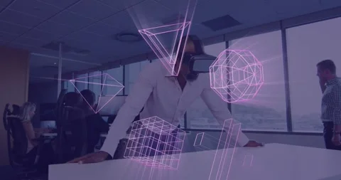 Animation of glowing 3d shapes of data transfer over african american man in vr Stock Footage 328811694