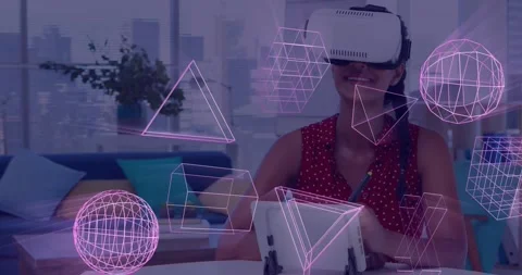 Animation of glowing 3d shapes of data transfer over caucasian woman in vr Stock Footage 328970041