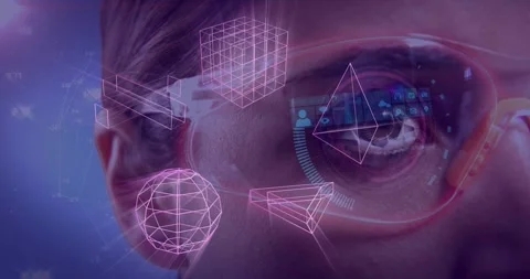 Animation of glowing 3d shapes of data transfer over caucasian woman in vr Stock Footage 329488496