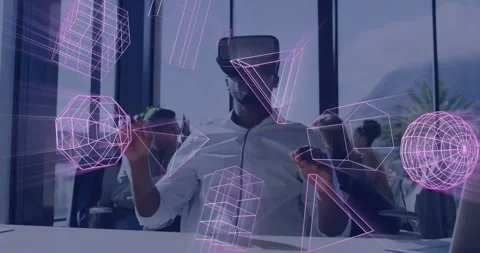 Animation of glowing 3d shapes of data transfer over african american man in vr Stock Footage 329614819