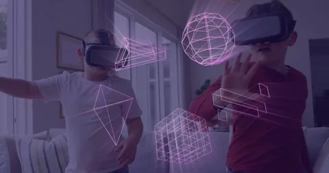 Animation of glowing 3d shapes of data transfer over caucasian boys in vr Stock Footage 329844938