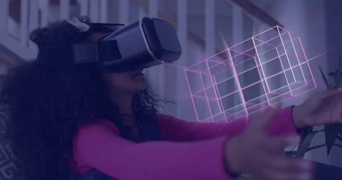 Animation of glowing 3d shapes of data transfer over girl in vr headset Stock Footage 330164160