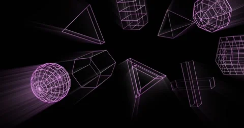 Animation of glowing 3d shapes moving on black background Stock Footage 328811688
