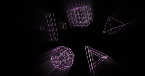 Animation of glowing 3d shapes moving on black background Stock Footage 329356582