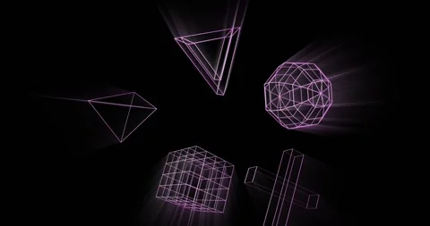Animation of glowing 3d shapes moving on black background Stock Footage 330103354