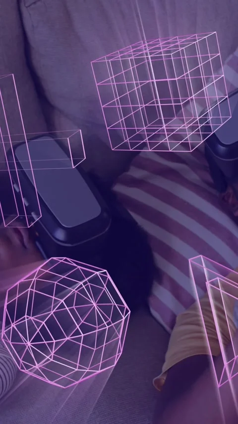 Animation of glowing 3d shapes over african american father and daughter using Stock Footage 323898200