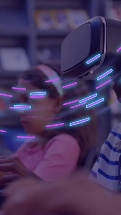 Animation of glowing 3d shapes over african american boy using vr headset Stock Footage 323898221
