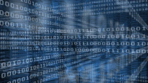 Animation of glowing binary coding and information overlapping and scrolling on Stock Footage 131275188