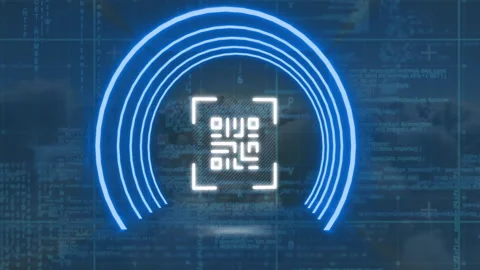Animation of glowing blue arcs with digital code pattern on data background Stock Footage 304808025
