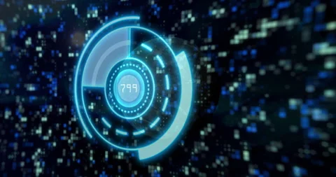 Animation of glowing blue circular elements with binary code in digital Stock Footage 304859336