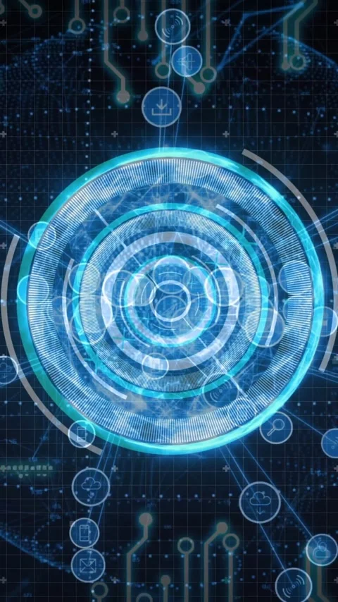 Animation of glowing blue circular patterns and data connections in futuristic Stock Footage 319055857