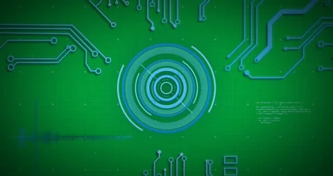 Animation of glowing blue computer circuit board elements over scope and data Stock Footage 324846004