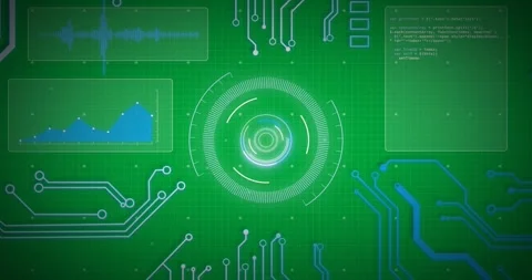 Animation of glowing blue computer circuit board elements over scope and data Stock Footage 324892741