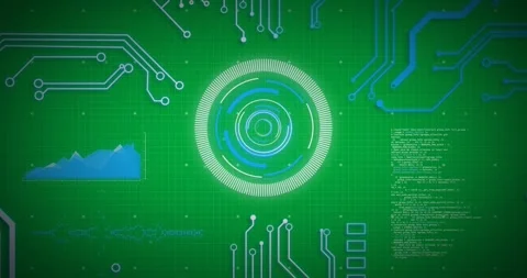 Animation of glowing blue computer circuit board elements over scope and data Stock Footage 324947498