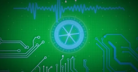 Animation of glowing blue computer circuit board elements over scope on grid Stock Footage 325030712