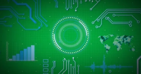 Animation of glowing blue computer circuit board elements over scope and world Stock Footage 325366676
