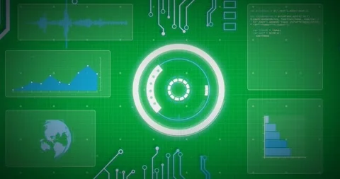 Animation of glowing blue computer circuit board elements over scope and data Stock Footage 325366677